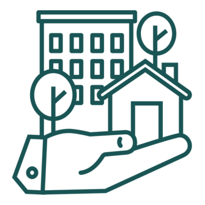 Icon of hand holding building and house.